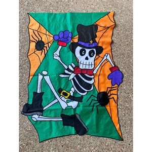 Vtg Halloween Garden Flag Skeleton Spiders Hat Bow Tie Dia De Los Muertos 38x29"